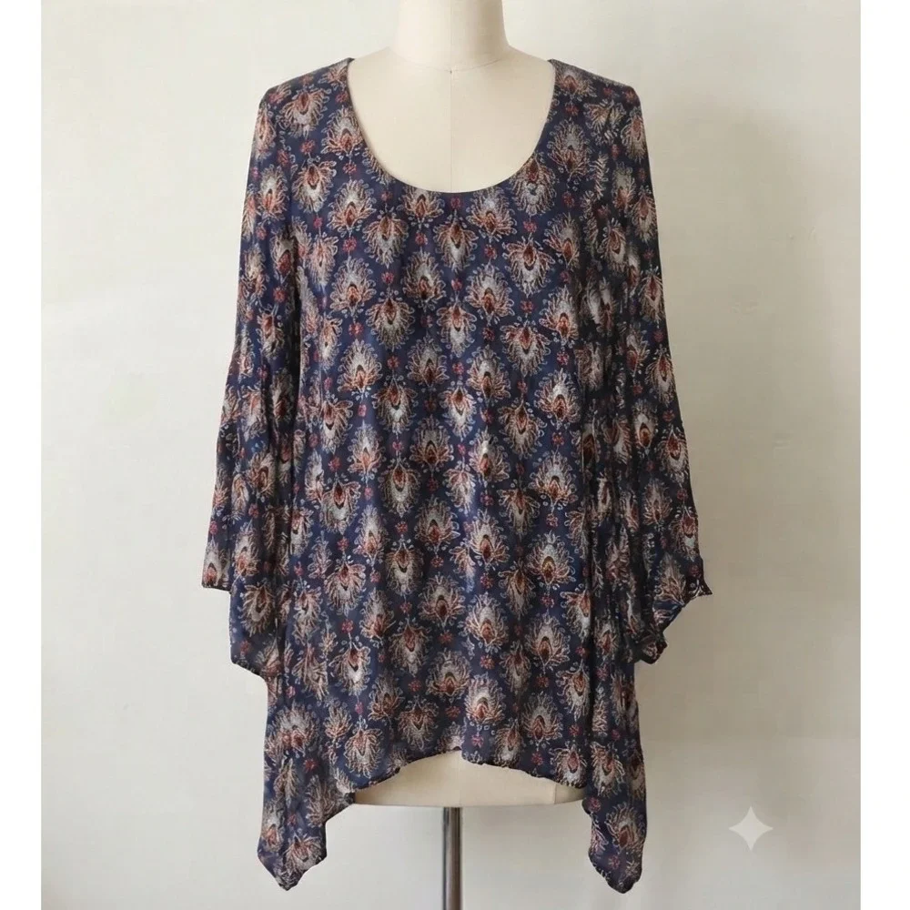 Mossimo Supply Co Navy Blue Paisley Sharkbite Hem Boho Tunic Top XL